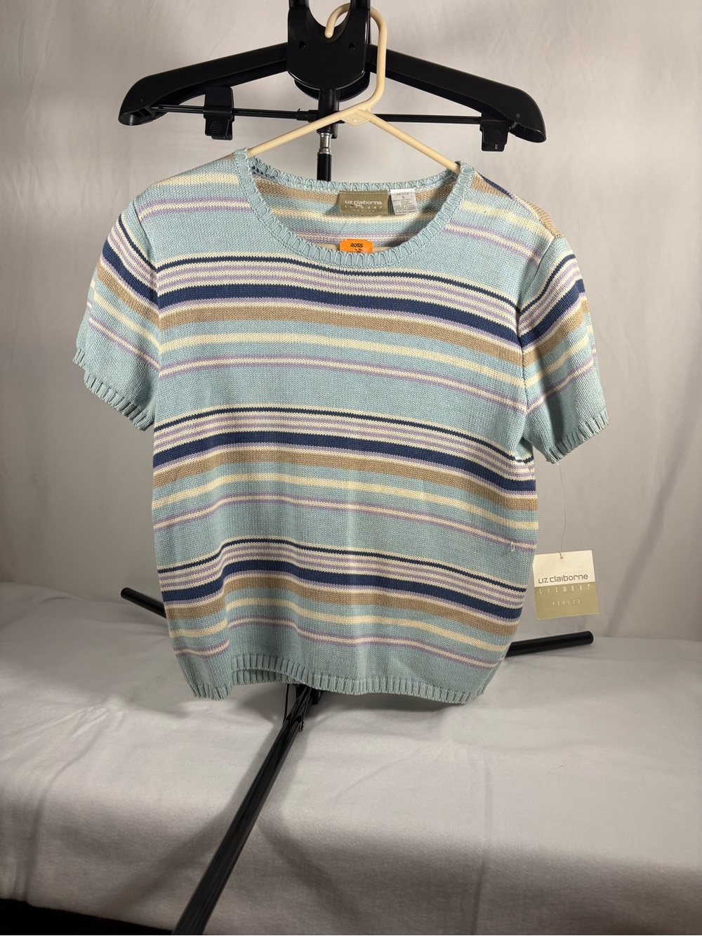 Liz Claiborne Pastel Striped Short Sleeve Knit Top - Light Blue Multi Petite